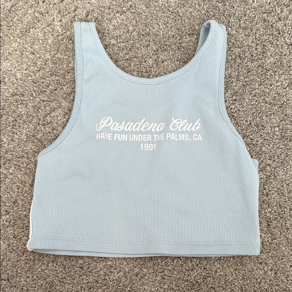 Zara Light Blue Ribbed Tank Top with White Script